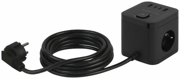 Сетевой фильтр ЭРА CUBE-3es-1,5m-4USB-B куб с заземлением с выключателем 3 розетки+4xUSBA+C 1,5м 16А черный Б0069074