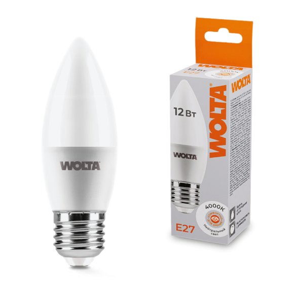 Светодиодная лампа WOLTA 12Вт 4000K Е27 свеча матовая 25SC12E27