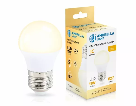 Светодиодная лампа Ambrella Light Bulbing E27 11W 2700K шар 451103, Теплый белый, Китай Светодиодная лампа Ambrella Light Bulbing E27 11W 2700K шар 451103, Теплый белый, Китай