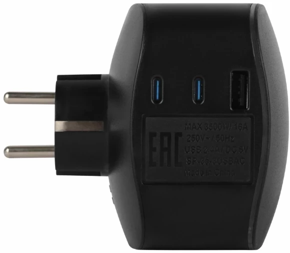 Разветвитель электрический ЭРА SP-3e-3USBAC-B на 3 розетки + 3 USB A+C с заземлением со шторками 16А черный Б0069082