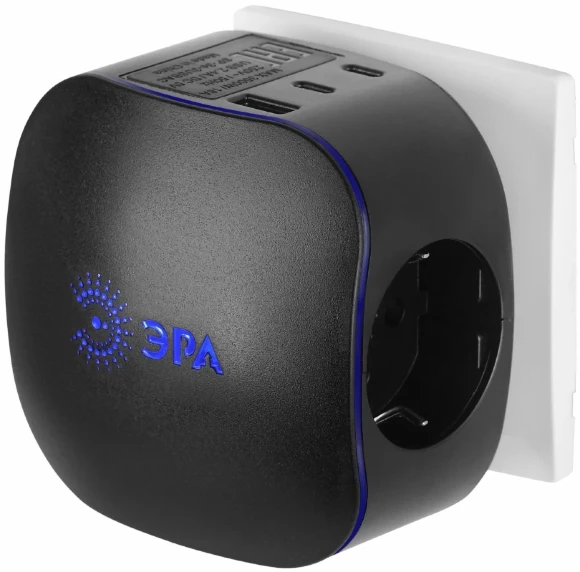 Разветвитель электрический ЭРА SP-3e-3USBAC-B на 3 розетки + 3 USB A+C с заземлением со шторками 16А черный Б0069082