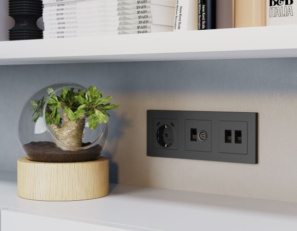 Комплект механизма компьютерной двойной розетки RJ-45 с автоматической защитной шторкой Alfa Графит мягкое касание Quant Ambrella Volt MA912110 (AP9121, VM189)