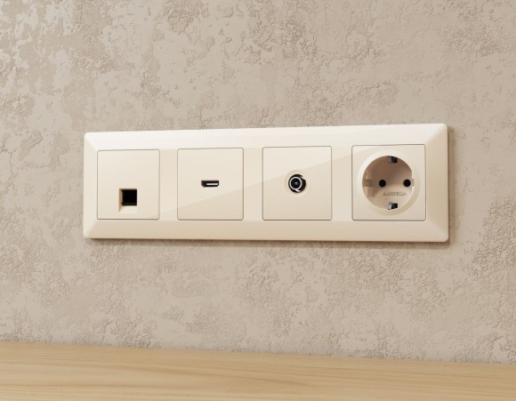 Комплект механизма компьютерной розетки RJ-45 экранированной с автоматической защитной шторкой Alfa Бежевый глянец Quant Ambrella Volt MA312005 (AP3120, VM185)