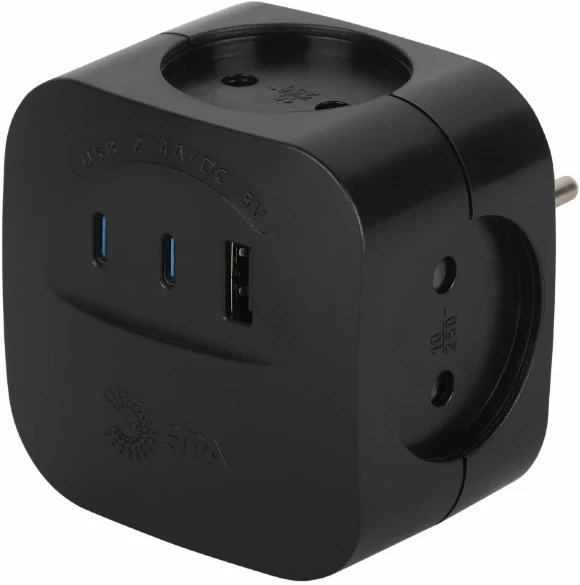 Разветвитель электрический ЭРА SP-4-3USBAC-B на 4 розетки + 3 USB A+C со шторками 10А черный Б0069084