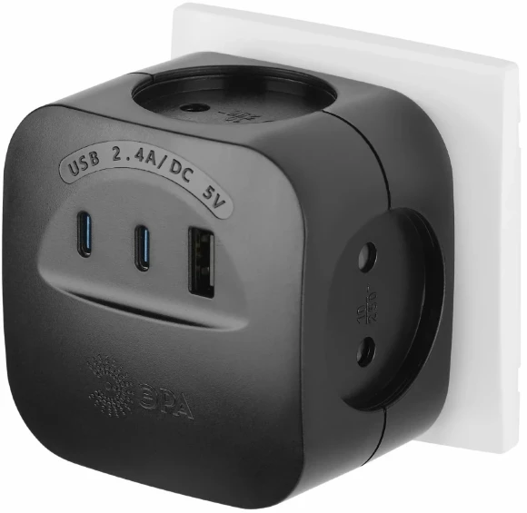 Разветвитель электрический ЭРА SP-4-3USBAC-B на 4 розетки + 3 USB A+C со шторками 10А черный Б0069084