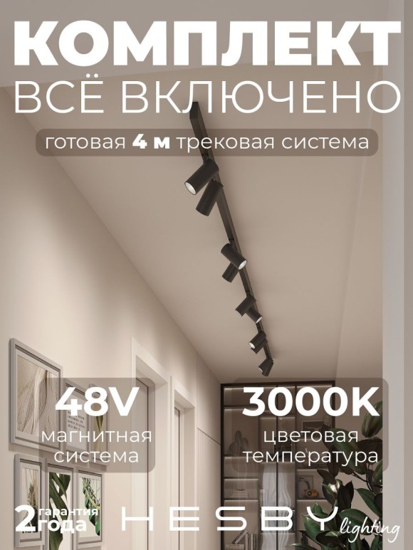 Трековая система со светильниками №3 трехфазная накладная Eldeko (48В, форма - прямая, 4м, 3000K) черная Hesby Lighting HSBL_kompl_E003_NI4B3K