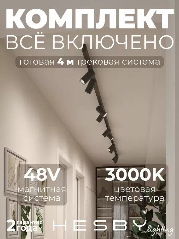 Трековая система со светильниками №3 трехфазная накладная Eldeko (48В, форма - прямая, 4м, 3000K) черная Hesby Lighting HSBL_kompl_E003_NI4B3K Трековая система со светильниками №3 трехфазная накладная Eldeko (48В, форма - прямая, 4м, 3000K) черная Hesby Lighting HSBL_kompl_E003_NI4B3K