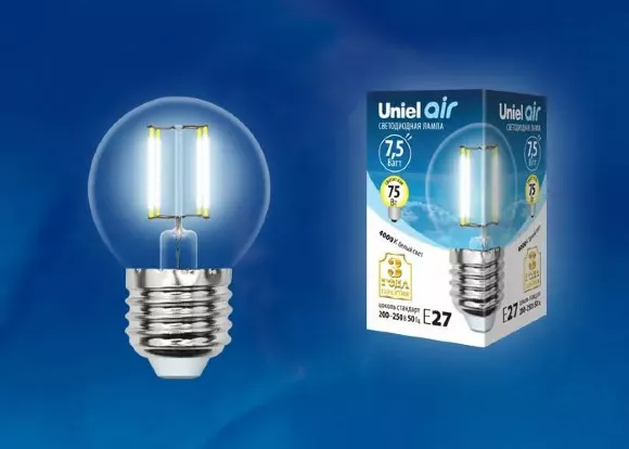Лампа светодиодная филаментная (UL-00003252) Uniel E27 7,5W 3000K прозрачная LED-G45-7,5W/WW/E27/CL GLA01TR, Теплый белый, Китай