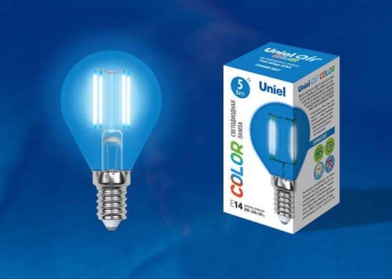 Лампа светодиодная филаментная (UL-00002989) Uniel E14 5W синий LED-G45-5W/BLUE/E14 GLA02BL