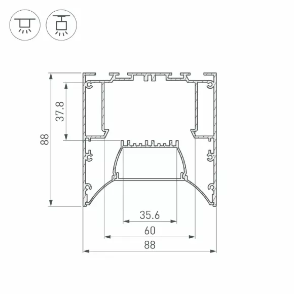 Схема размеров алюминиевый профиль Arlight ARH-Power-W88-Comfort-2000 Anod 036363 Схема размеров алюминиевый профиль Arlight ARH-Power-W88-Comfort-2000 Anod 036363
