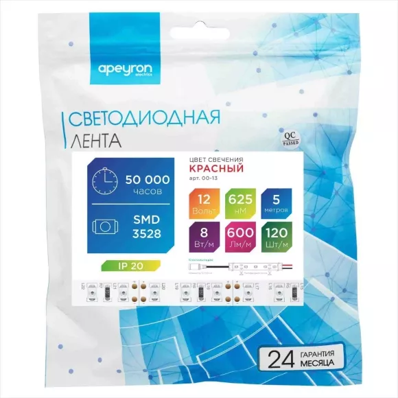 Светодиодная лента Apeyron 12В СТ 9,6Вт/м smd3528, 120д/м IP20 5м красная 00-13 Светодиодная лента Apeyron 12В СТ 9,6Вт/м smd3528, 120д/м IP20 5м красная 00-13