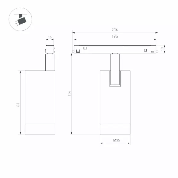 Трековый магнитный светильник Arlight MAG-ORIENT-SPOT-R35-6W Warm2700 051744, вид сбоку Трековый магнитный светильник Arlight MAG-ORIENT-SPOT-R35-6W Warm2700 051744, вид сбоку