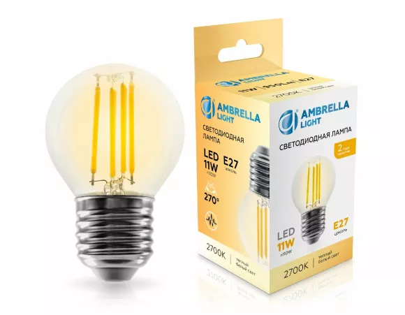 Филаментная светодиодная лампа Ambrella Light Bulbing E27 11W 2700K шар 451123, Теплый белый, Китай, светодиодный модуль