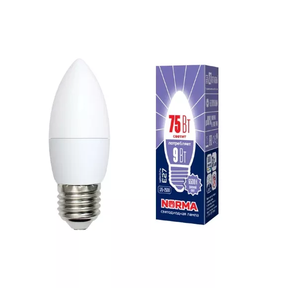 Лампа светодиодная (UL-00003805) Volpe E27 9W 6500K матовая LED-C37-9W/DW/E27/FR/NR, Холодный белый, Китай
