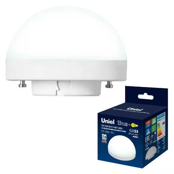 Лампа светодиодная Uniel LED-GX53-13W/4000K/GX53/FR/SPHERE PLZ02WH UL-00011791, Нейтральный белый Лампа светодиодная Uniel LED-GX53-13W/4000K/GX53/FR/SPHERE PLZ02WH UL-00011791, Нейтральный белый