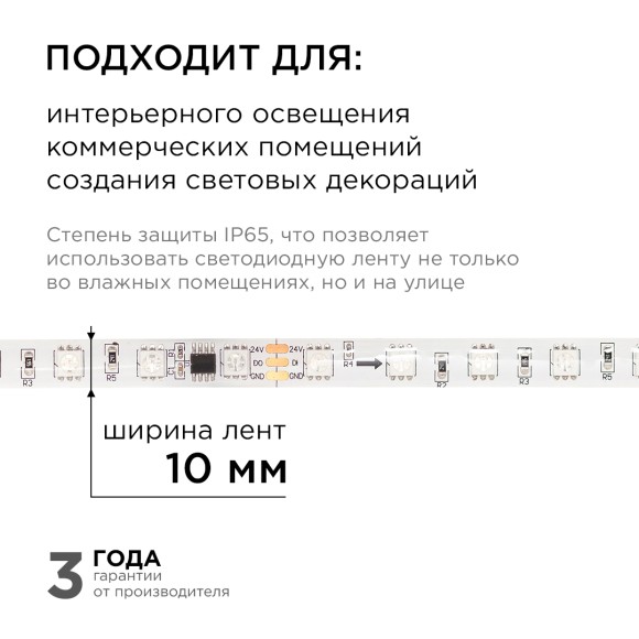 Комплект адресной светодиодной ленты Apeyron 24В 14,4Вт/м smd5050 60д/м IP65 2м RGB (адаптер питания, контроллер) 10-95