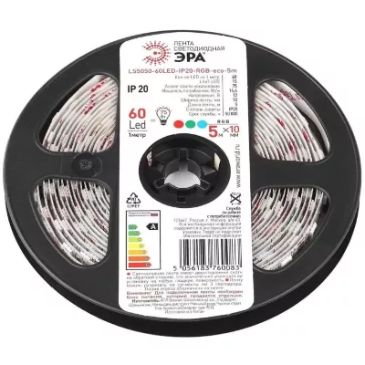 Светодиодная лента ЭРА 14,4W/m 60LED/m 5050SMD RGB 5M LS5050-14,4-60-12-RGB-IP20-1 year-5m Б0035606
