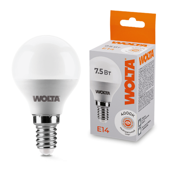 Светодиодная лампа WOLTA 7.5Вт 4000K E14 груша матовая 25S45GL7.5E14