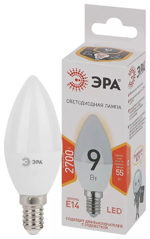 Лампа светодиодная Эра E14 9W 2700K LED B35-9W-827-E14 Б0047935, Теплый белый, Россия Лампа светодиодная Эра E14 9W 2700K LED B35-9W-827-E14 Б0047935, Теплый белый, Россия
