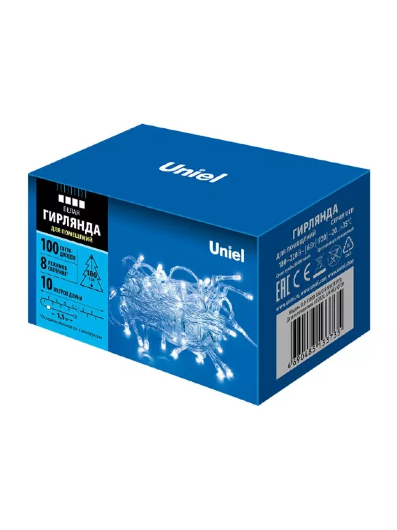 Светодиодная гирлянда (UL-00007201) Uniel 220V белый ULD-S1000-100/DTA White IP20 Светодиодная гирлянда (UL-00007201) Uniel 220V белый ULD-S1000-100/DTA White IP20