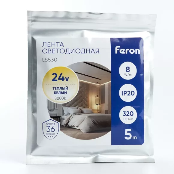 Светодиодная лента Feron LS530 24В 2110 10Вт/м 3000K 5м IP20 48263 Светодиодная лента Feron LS530 24В 2110 10Вт/м 3000K 5м IP20 48263