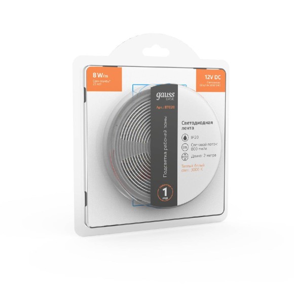 Светодиодная лента Gauss 12В 5050 8Вт/м 3000K 2м IP20 BT020
