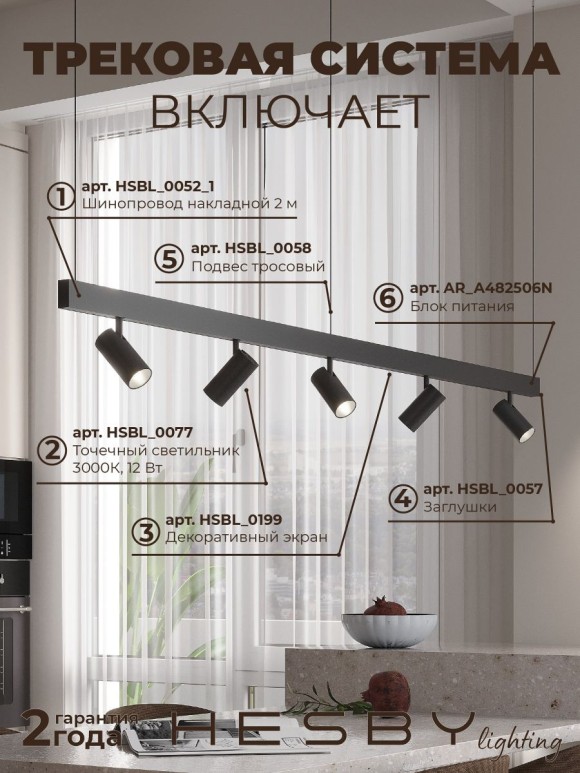 Трековая система со светильниками №3 трехфазная подвесная Eldeko (48В, форма - прямая, 2м, 3000K) черная Hesby Lighting HSBL_kompl_E003_PI2B3K