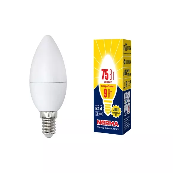 Лампа светодиодная (UL-00003804) Volpe E14 9W 3000K матовая LED-C37-9W/WW/E14/FR/NR, Теплый белый, Китай