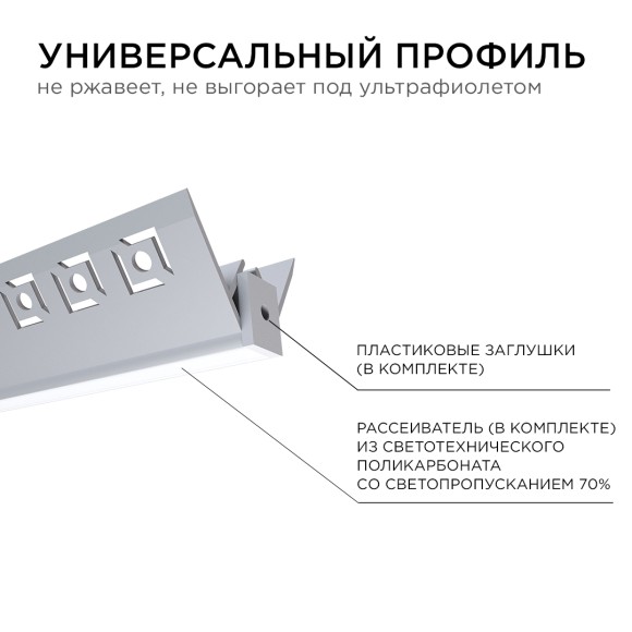 Профиль под штукатурку Apeyron ширина ленты до 9мм (рассеиватель, заглушки - 2шт) 08-45