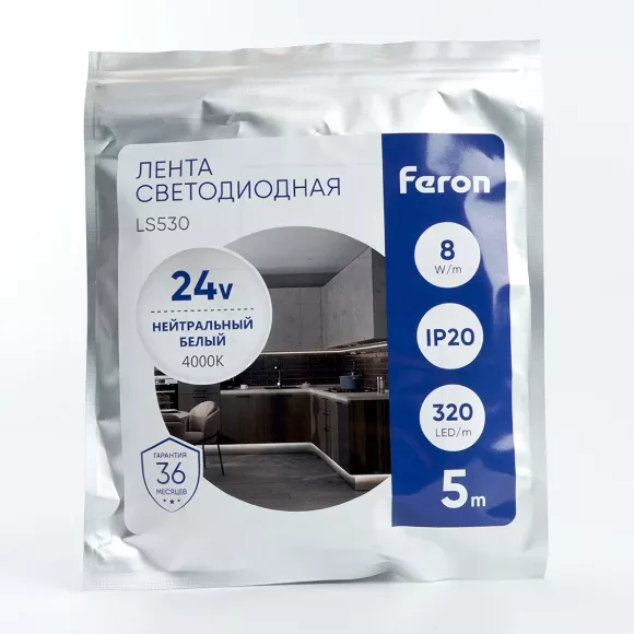 Светодиодная лента Feron LS530 24В 2110 10Вт/м 4000K 5м IP20 48264 Светодиодная лента Feron LS530 24В 2110 10Вт/м 4000K 5м IP20 48264