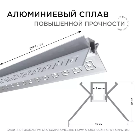 Профиль внутренний угол под штукатурку Apeyron ширина ленты до 9мм (рассеиватель, заглушки - 2шт) 08-46