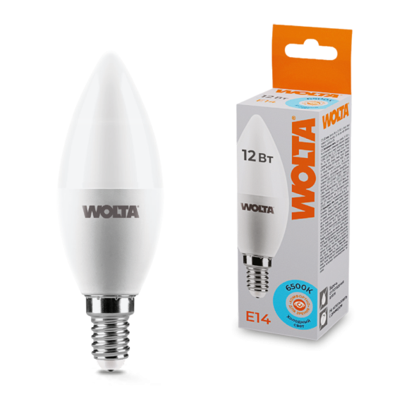 Светодиодная лампа WOLTA 12Вт 6500K Е14 свеча матовая 25WC12E14