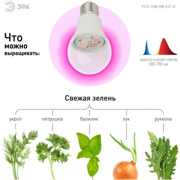 Фитолампа для растений светодиодная ЭРА E27 12W 1310K FITO-12W-RB-E27-K Б0039070