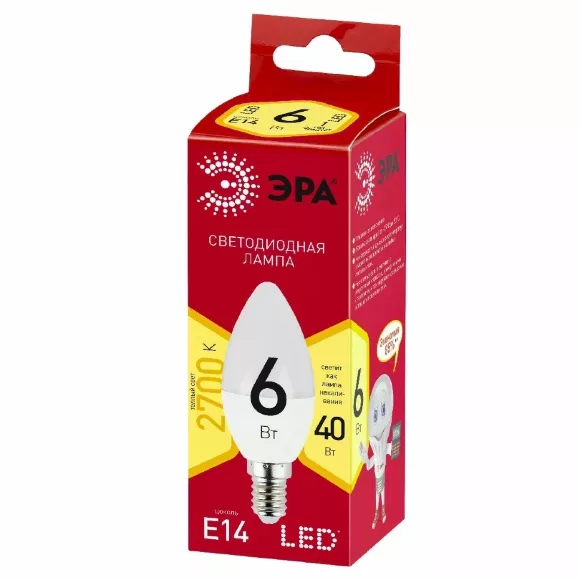 Лампа светодиодная Эра E14 6W 2700K LED B35-6W-827-E14 R Б0052383, Теплый белый, Россия Лампа светодиодная Эра E14 6W 2700K LED B35-6W-827-E14 R Б0052383, Теплый белый, Россия