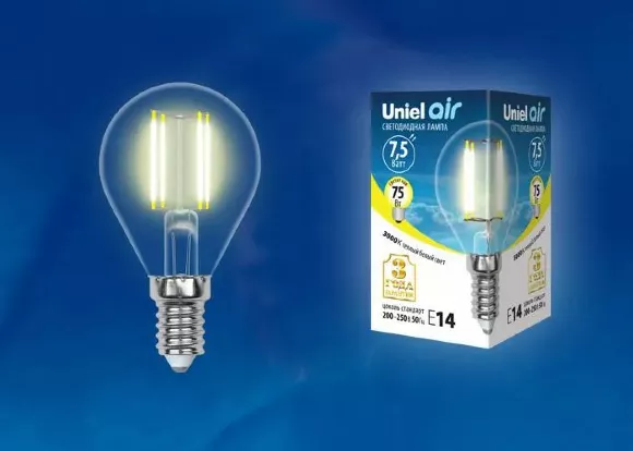 Лампа светодиодная филаментная (UL-00003248) Uniel E14 7,5W 3000K прозрачная LED-CW35-7,5W/WW/E14/CL GLA01TR, Теплый белый, Китай