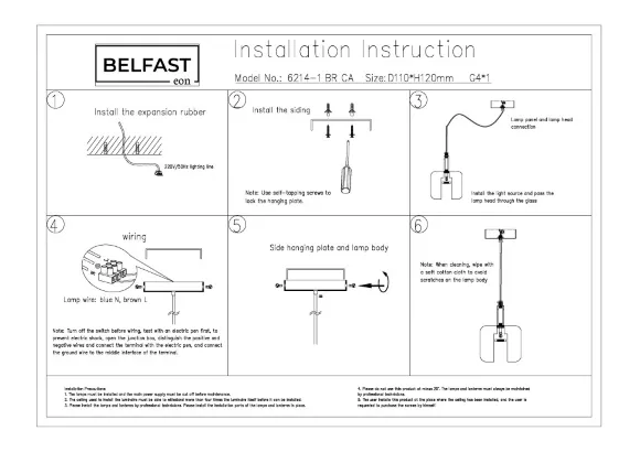 Схема размеров подвесной светильник Belfast Pansy 6214-1 BR CA