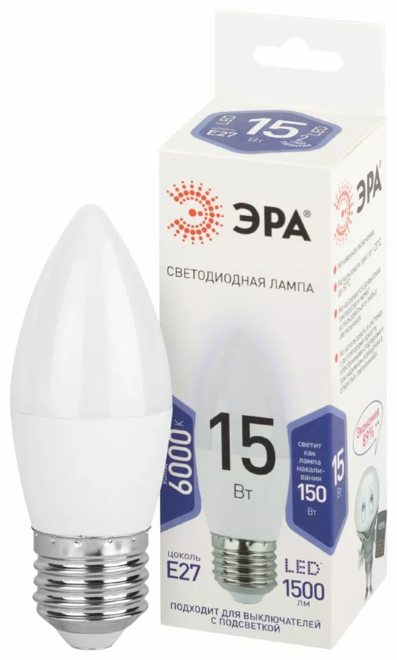 Лампа светодиодная Эра STD LED B35-15W-860-E27 6500K свеча, Холодный белый, Россия Лампа светодиодная Эра STD LED B35-15W-860-E27 6500K свеча, Холодный белый, Россия