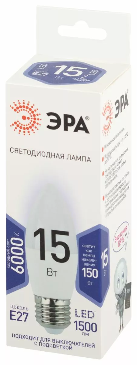 Лампа светодиодная Эра STD LED B35-15W-860-E27 6500K свеча, упаковка Лампа светодиодная Эра STD LED B35-15W-860-E27 6500K свеча, упаковка