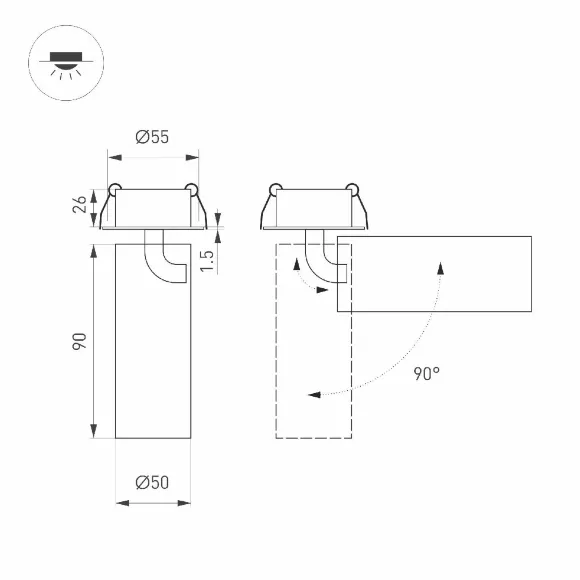 Схема размеров встраиваемый спот Arlight SP-GABI-BUILT-FLAP-R50-9W Warm3000 052354 Схема размеров встраиваемый спот Arlight SP-GABI-BUILT-FLAP-R50-9W Warm3000 052354