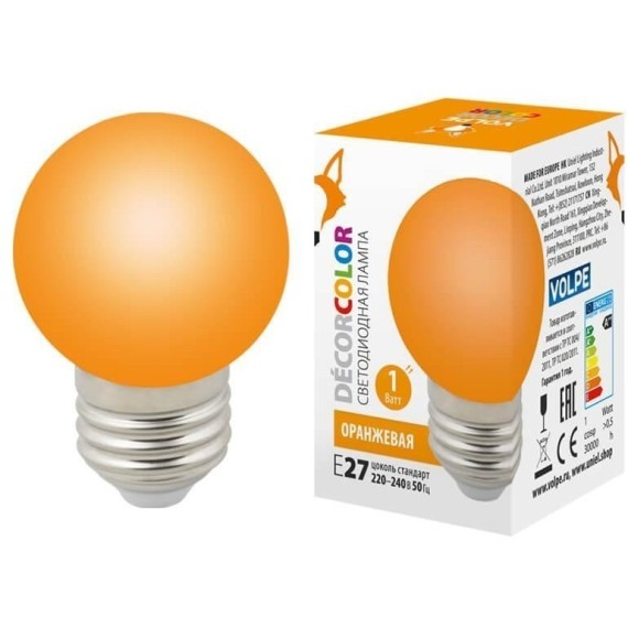 Лампа декоративная светодиодная (UL-00005650) Volpe E27 1W оранжевая LED-G45-1W/ORANGE/E27/FR/С