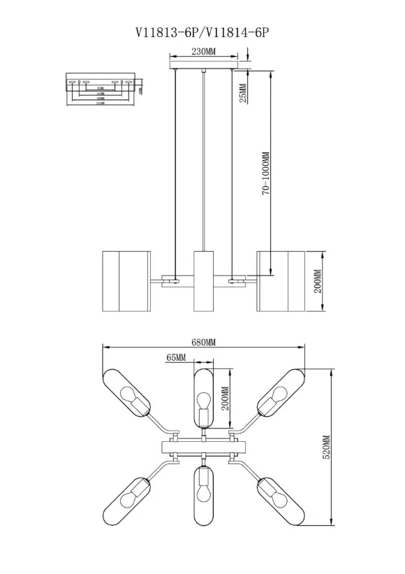 Схема размеров подвесная люстра Moderli Metalicana V11814-6P Схема размеров подвесная люстра Moderli Metalicana V11814-6P