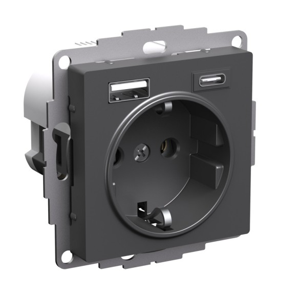 Розетка 16А с 2 USB A+C, 5В/2,4А/3,0А, 2х5В/1,5А, Systeme Electric AtlasDesign Базальт ATN001432