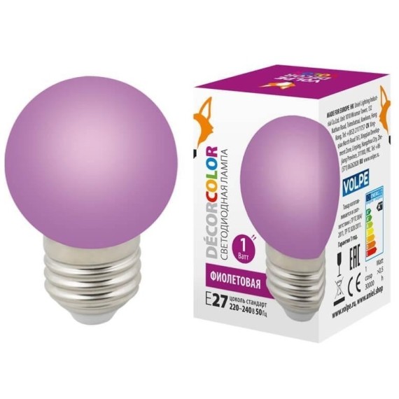 Лампа декоративная светодиодная (UL-00005652) Volpe E27 1W фиолетовая LED-G45-1W/PURPLE/E27/FR/С