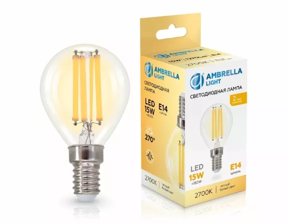 Филаментная светодиодная лампа Ambrella Light Bulbing E14 15W 2700K шар 451533, Теплый белый, 80