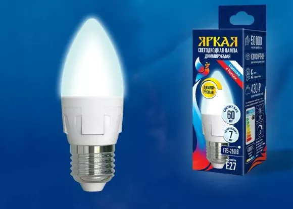 Лампа светодиодная диммируемая (UL-00004294) Uniel E14 7W 4000K матовая LED-C37 7W/4000K/E14/FR/DIM PLP01WH, Нейтральный белый, Китай