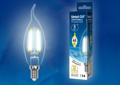 Лампа светодиодная филаментная (UL-00002865) Uniel E14 5W 4000K LED-CW35-5W/NW/E14/CL/DIM GLA01TR