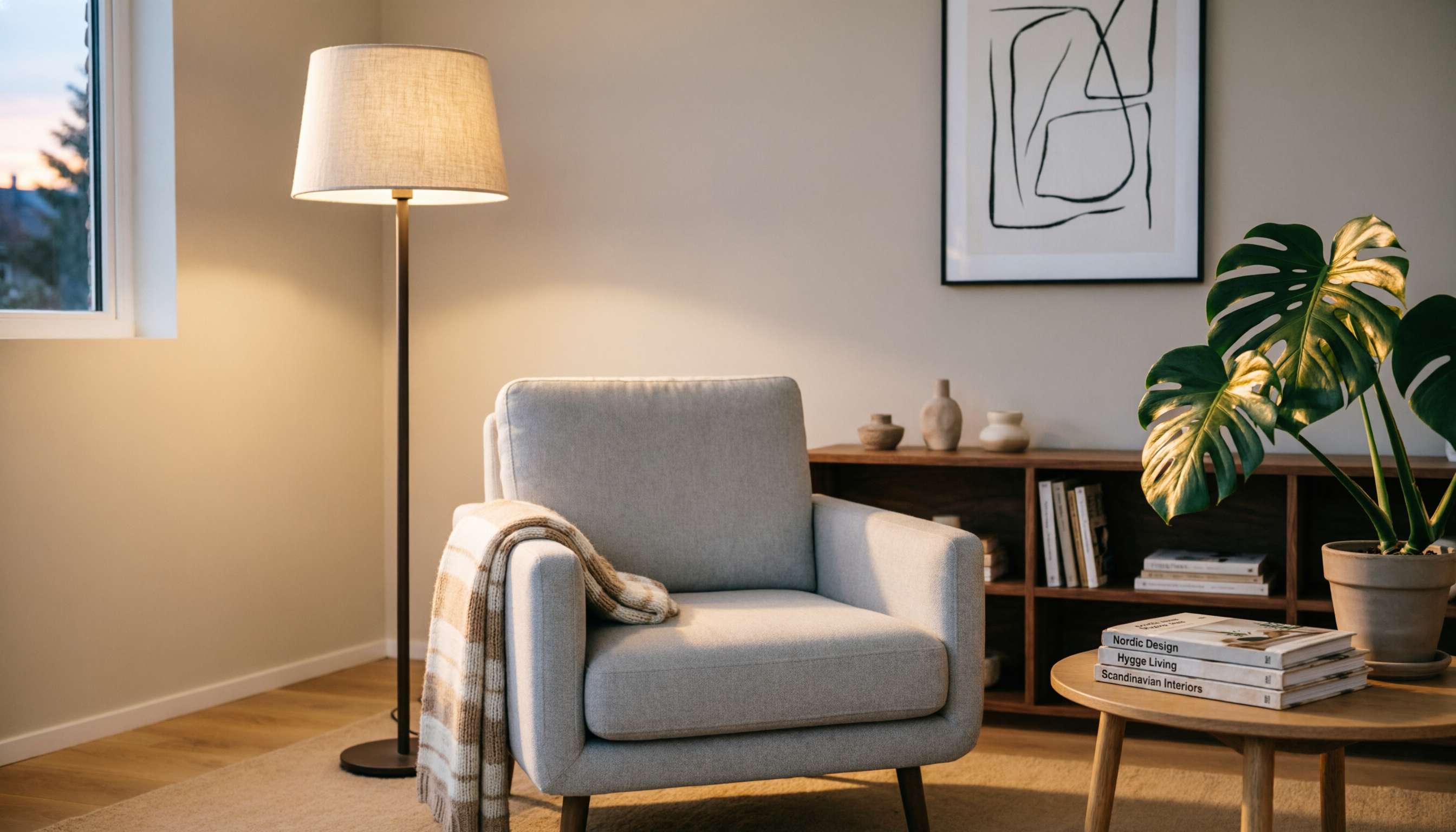 Уютная гостиная с напольным торшером в скандинавском стиле