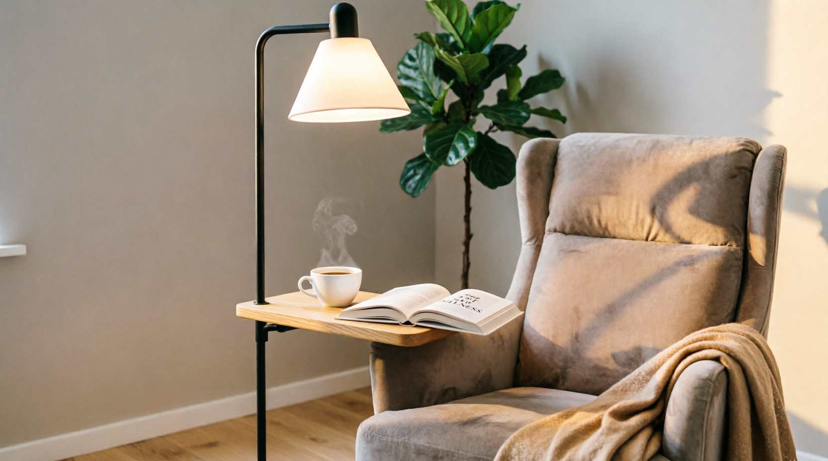 Напольный торшер с деревянным столиком для книг и чашки