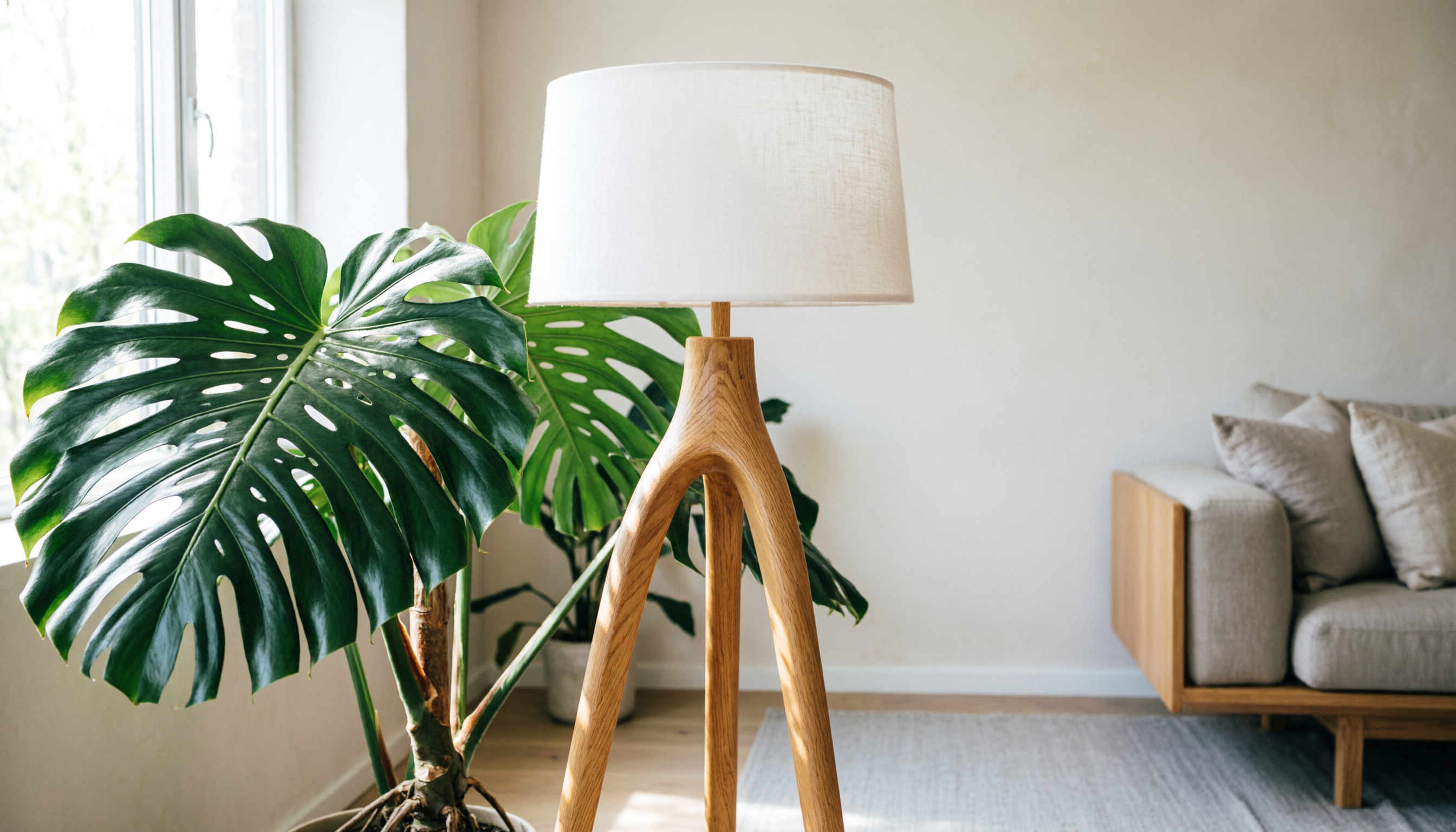 Деревянный торшер-тренога в скандинавском интерьере с растениями