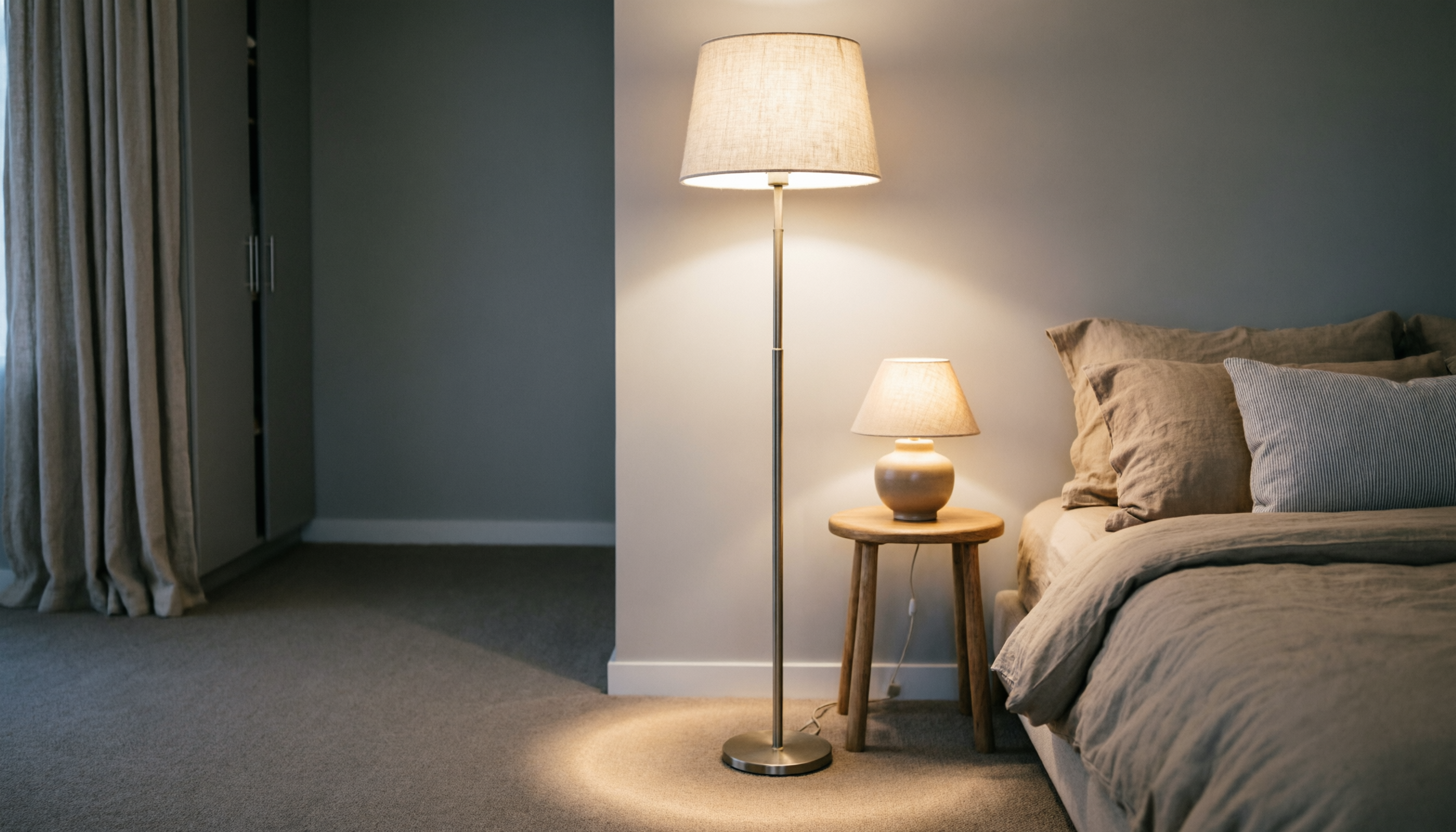 Торшер в спальне рядом с кроватью для вечернего чтения